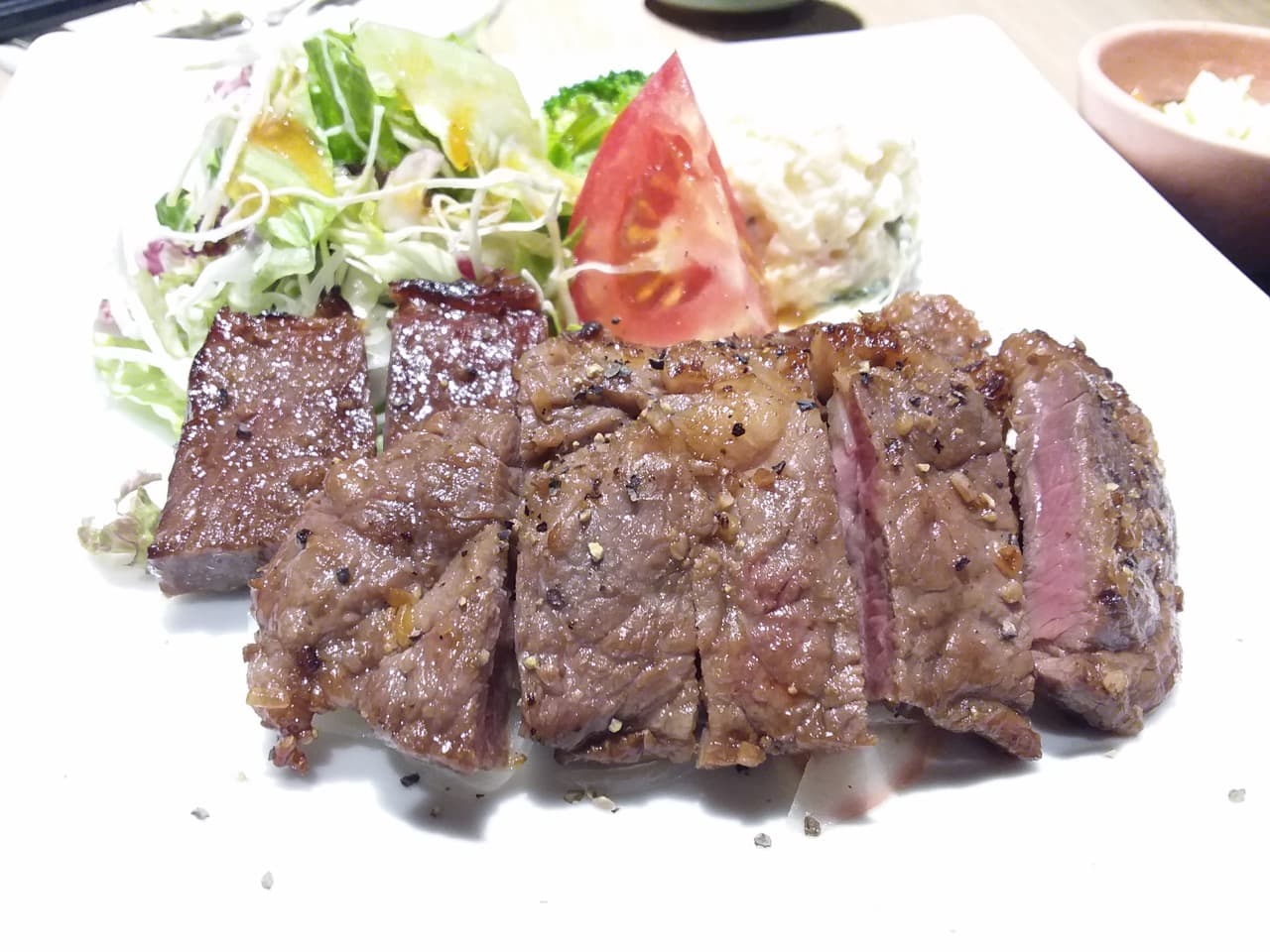 Example sliced steak at a Japanese restaurant, pink in the center