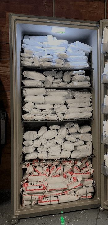 Freezer packed with packaged Wagyu beef shares